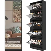 Merax Schoenenkast met Spiegel - Smalle Hal Kast met 5 Kleppen - Schoenenrek Opbergkast voor Hal en Entree - Zwart - 63x23,6x185 cm