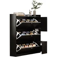 Merax Schoenenkast 119 cm - Smalle Opbergkast met 3 Kantelvakken Lade en Zitbank - Schoenenrek met Deur Zwart