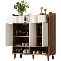 Merax Schoenenkast 90 cm - Dressoir met 3 Deuren 2 Lades en Open Vakken - Schoenenopbergkast met Houten Poten Wit Houtlook