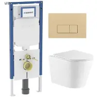Geberit QeramiQ Dely Toiletset - 36.3x51.7cm - diepspoel - rimless - UP720 inbouwreservoir - softclose toiletzitting - bedieningsplaat beige - rechtehoekige knoppen - wit glans