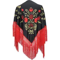 La Señorita - Spaanse manton - omslagdoek - zwart rood goud Large met rode franjes