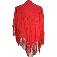 La Señorita - Spaanse manton - omslagdoek - rood met rode bloemen Large