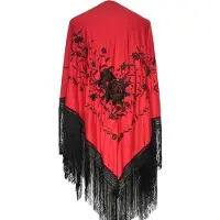 La Señorita - Spaanse manton - omslagdoek - rood zwart Large met zwarte franjes
