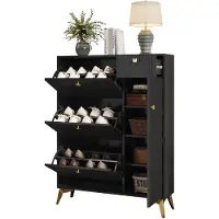Merax Schoenenkast Smal - Schoenenkast met 3 Kleppen 1 Lade en 1 Deur - Schoenenrek Hal Kast - Opbergkast Schoenen Zwart - 90x25x121 cm