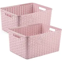 PlasticForte 5x stuks rotan gevlochten opbergmand/opbergbox kunststof - Oud roze - 38 x 28 x 19 cm - Kast mandjes