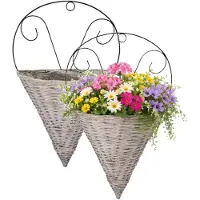 Mega Collections Plantenmand muurhanger Assen - 2x - grijs - H60 cm - wilg - bloempot/plantenpot