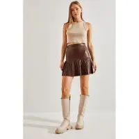 Bianco Plissé Faux Leather Mini Rok