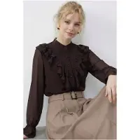 Bianco Rimpelige Mandarin Kraag Lange Mouw Chiffon Blouse