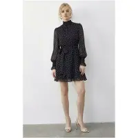 Bianco Gestipte Halve Col Mini Jurk met Riem
