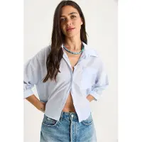 Bianco Gestructureerde Crop Shirt met Knopsluiting en Zak