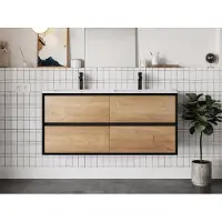 Vente-unique Hangend badkamermeubel met inbouwwastafel - Licht naturel en zwart - 120 cm - LANNICK
