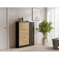 Vente-unique Schoenenkast met 1 deurtje en 3 openklappende compartimenten - Houtlook en zwart - JANAKIA