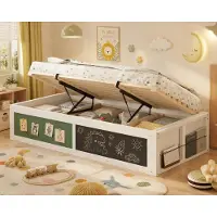 STILVORA Kinderbed 90x200 cm – Hydraulische Opbergruimte – Krijtbord En Viltbord Voor Creatief Spel – Boekenvak Links Of Rechts – Hout – Wit – Zonder matras