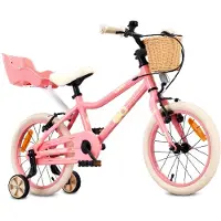 Sun baby Kinderfiets 16 Inch LOOFI, Fiets voor Meisje 4-6 Jaar, licht 6.9 kg aluminium frame, met poppenstoeltje, zijwieltjes, mandje, bel, stickers - Roze