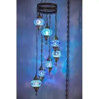 Halay Turkse Lamp Hanglamp - Mozaïek Lamp Blauw - 7 Bollen - Authentiek Handgemaakt Kroonluchter