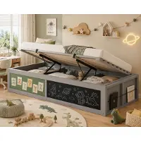 STILVORA Kinderbed 90 x 200 cm, houten bed met hydraulische verstelling, schrijfblad en viltbekleding aan de bovenkant, kan links of rechts worden geplaatst, grijs