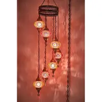 Halay Turkse hanglamp - mozaïek glas oranje-rood - 7 bollen - 145 cm hoog 45 cm breed