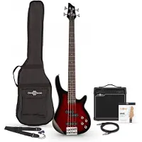 Gear4Music Chicago Bass Guitar Trans Red Burst 15W Bass Amp & Accessory Pack