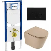 Geberit QeramiQ Dely Toiletset - 36.3x51.7cm - diepspoel - rimless - UP720 inbouwreservoir - softclose toilet zitting - kunststof mat zwarte bedieningsplaat - ronde knoppen - mat beige