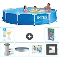 OEM Rond Frame Zwembad - 366 x 76 cm - Blauw - Inclusief Pomp Afdekzeil - Loungebed - Vloertegels - 7-delig