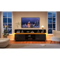 MODFU TV-meubel / TV-tafel met LED-verlichting, TV-kast met een glazen plank van gehard glas en een glanzend oppervlak, zwart