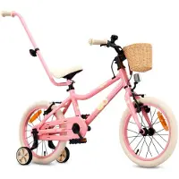 Sun baby Kinderfiets 16 Inch LOOFI, Fiets voor Meisje 4-6 Jaar, lichtgewicht 6.9 kg aluminium frame, met zijwieltjes, mandje, bel, stickers - Roze