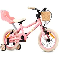 Sun baby Kinderfiets 14 Inch LOOFI, Fiets voor Meisje 3-5 Jaar, lichtgewicht 6.6 kg, aluminium frame, met poppenzitje, zijwieltjes, mandje, bel, stickers - Roze