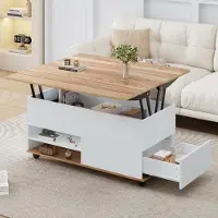 STILVORA salontafel met verborgen opbergruimte, in hoogte verstelbare salontafel met zijdelingse lades, kastdeuren en een dubbellaags opberggedeelte, wit en natuurhout