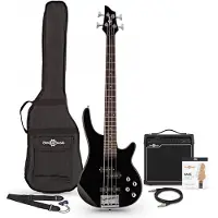 Gear4Music 3/4 Chicago Bass Guitar Black 15W Bass Amp & Accessory Pack