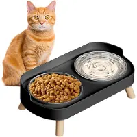 Snq Voerbak - Dubbele voerbakset voor hond/kat - Verhoogde voerbakset - 400 ml - Halsbescherming - Spatwaterdicht - Geschikt voor katten en kittens - Vaatwasmachinebestendig - 32,5 x 17 x 10 cm - Zwart