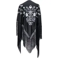 La Señorita - Spaanse manton - omslagdoek – zwart wit large met zwarte franjes