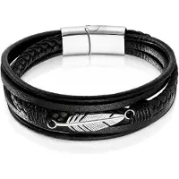 Mendes Jewelry Heren Armband - Stoer Zwart Leder met Bladvormige Stalen Bedel - Zilver-21cm
