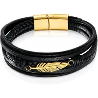 Mendes Jewelry Heren Armband - Stoer Zwart Leder met Bladvormige Stalen Bedel - Goud-19cm