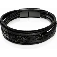 Mendes Jewelry Heren Armband - Stoer Zwart Leder met Bladvormige Stalen Bedel - Zwart-19cm