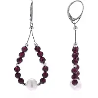 Cavill - 925 Sterling Zilver Oorbellen - Gerhodineerd - Witte Zoetwaterparel 8x6 mm & 2.1 ct Granaat - Elegant Druppelvormig - Luxe Dames Sieraden