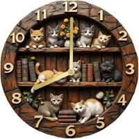 LONGZIMING -Wanduhr Met Kattemotief - Vintage Houtnerf - Stil Sweep Mechanisme En Groot 30 Cm Zifferblad - 1 Stuk - Neutraal Bruin