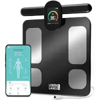 Lebenlang - Fitness Lichaamsvetweegschaal met Handsensoren – 29 Meetwaarden, App Connect, 180 kg Draagvermogen - Weegschaal met Lichaamsvetanalyse & Spiermassa - Oplaadbaar & Met LED Display