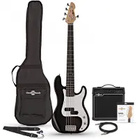 Gear4Music LA 5 String Bass Guitar Black 15W Bass Amp Pack