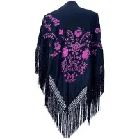 La Señorita - Spaanse manton - omslagdoek – zwart Large met roze bloemen