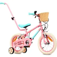Sun baby Kinderfiets 14 Inch LOVEL Fiets voor Meisje 3-5 Jaar, Max 50 kg - zijwieltjes, mandje, bel, kettingkast, duwstang - Roze-Muntgroen