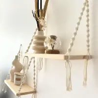 Unyqoos Bohemian Houten Wandplanken Set met Macramé voor Stijlvolle Interieurdecoratie