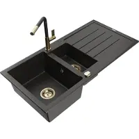 Mexen Andres granieten spoelbak met 1,5 kamers, afdruiprek en Flora keukenmengkraan, zwart/goud - 6515-75-670401-57-G