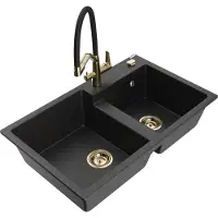 Mexen Tomas granieten gootsteen 2-kamer met keukenkraan Duo, zwart/zilver metallic - 6516-73-671701-57-G
