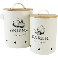 OTIX Voorraadpotten - met Deksel - Creme - Set van 2 - Knoflookpot - Uienpot - Metaal - Bamboe - LIBRA