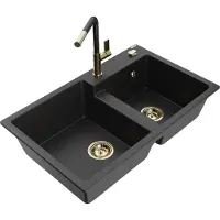 Mexen Tomas granieten gootsteen 2-compartiment met keukenkraan Flora, zwart/zilver metallic - 6516-73-670401-57-G