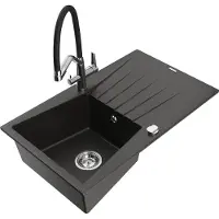 Mexen Cesar granieten spoelbak 1-kompartment met afdruiprek en keukenkraan Duo, zwart/gouden metallic - 6514-75-671701-07