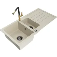 Mexen Andres granieten gootsteen 1,5-komers met afdruiprek en keukenkraan Flora, beige - 6515-69-670401-57-B