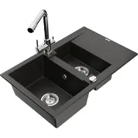 Mexen Gaspar granieten spoelbak 1,5-kamer met afdruiprek en Duero keukenmengkraan, zwart/goud metallic - 6507-75-671600-00