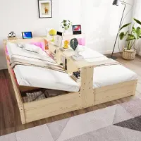 OKWISH Bed 90/180x200 cm - Met Stopcontact En Ledverlichting - Hydraulische Opbergruimte - Zonder Matras - Houtkleur