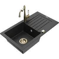 Mexen Pablo granieten spoelbak met 1 kamer, afdruiprek en keukenkraan Carla, zwart/zilveren metallic - 6510-73-670700-50